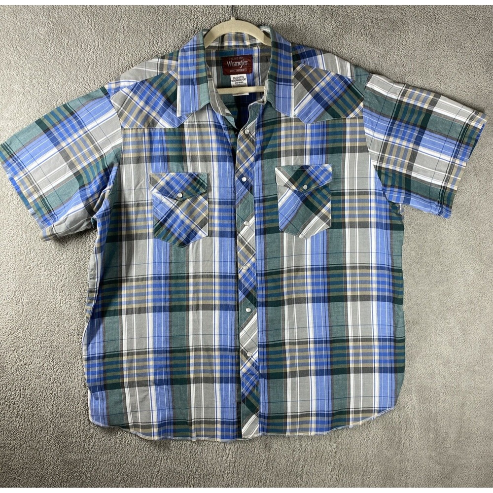 Wrangler Western Big Man Shirt 2XL Blue Green Plaid Pearl Snap WM195BG Mens